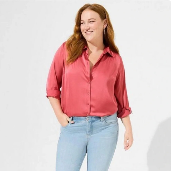 TORRID NWT Madison Satin Button-Up Long Sleeve Shirt, Holly Berry color, 24”p2p - Picture 2 of 9